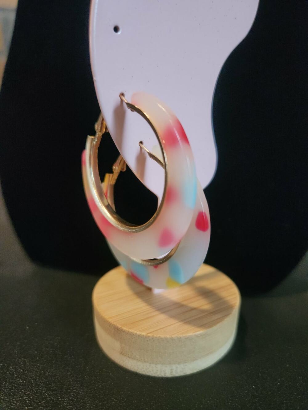 Pink & White Marbled Acrylic Hoop Earrings With Gold Tone Hardware